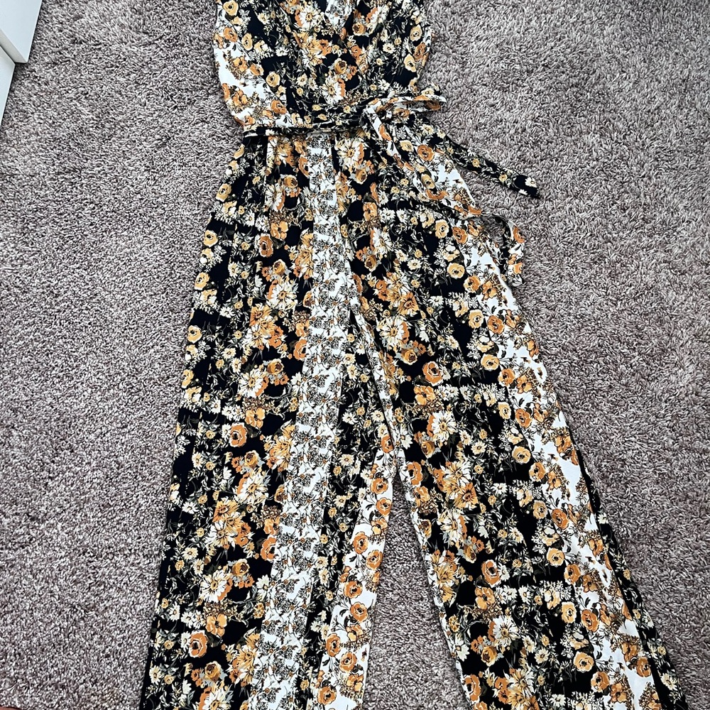 Floral Wrap Jumpsuit - Yellow, Black and White